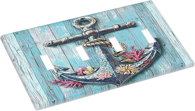 Light Switch Covers Anchor Coastal Beach Nautical Coral Quad Toggle Electrical Faceplate 4 Gang Wall Plate Decorative Switch Plates For Farmhouse Cabin Decor