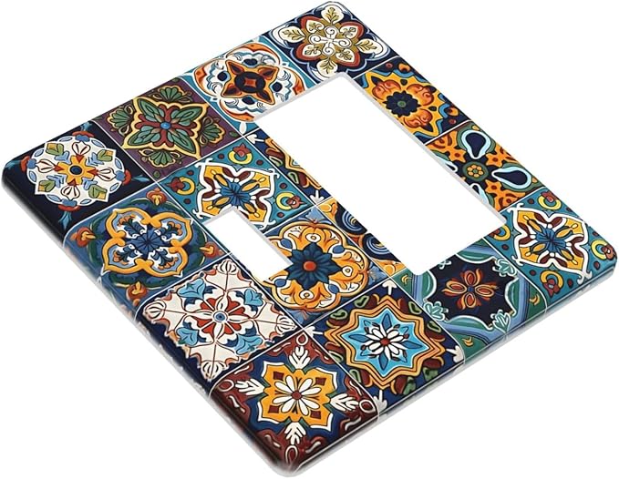 Mexican Talavera Tiles Floral Outlet Covers 1 Toggle 1 Rocker Combination Decorative Wall Plate Electrical Switch Plates Light Switch Cover Plate for Bathroom Kitchen Decor
