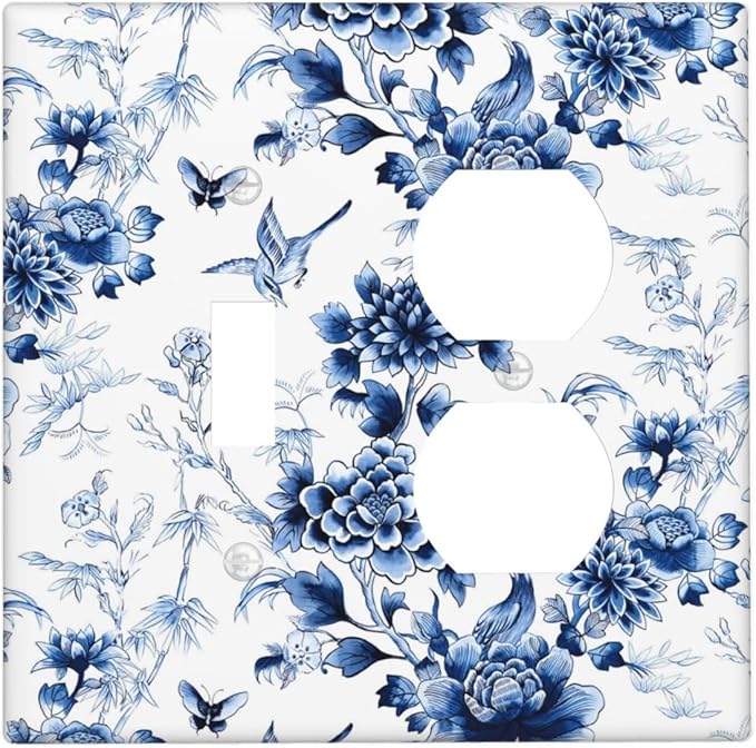 Blue Flower White Floral Plant Bird Butterfly Wallplates 1 Toggle 1 Duplex Switch Plate Electrical GFCI Faceplate Decorative Light Switch Covers for Bedroom Living Room Decor