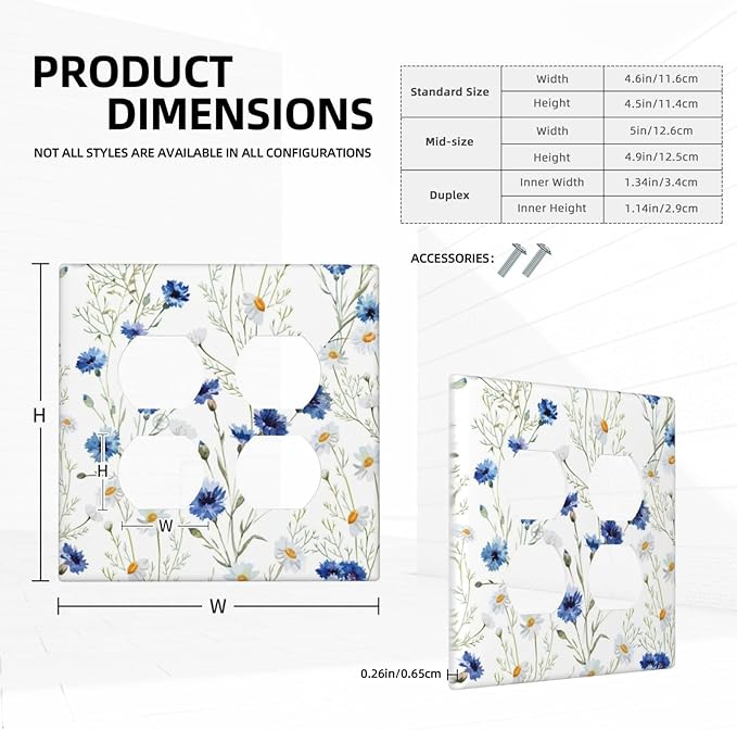Decorative Light Switch Cover Plate Watercolor Daisy Blue Floral Vintage Plant 2 Gang Decorative Switch Plates 1 Toggle Duplex Combo Outlet Covers GFCI Plug Covers Wallplates for Bedroom Home Decor