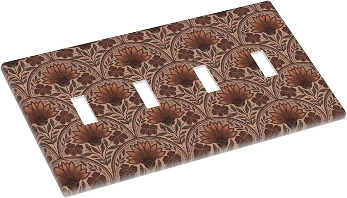 Earth Tone Floral Rustic Damask Boho Flower Light Switch Covers Quad Toggle Electrical Faceplate 4 Gang Wall Plate Decorative Switch Plates Cover for Farmhouse Home Decor