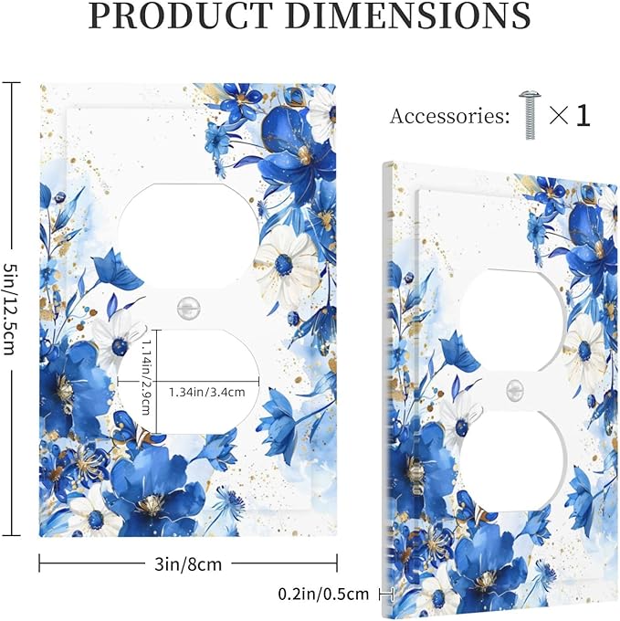 Klein Blue Flowers Watercolor Golden White Floral Outlet Covers 1 Gang Duplex Light Switch Cover Decorative Switch Plates Electrical Receptacle Faceplate Wall Plate for Bedroom Living Room Decor