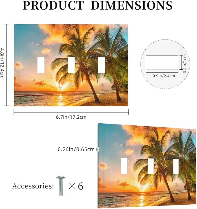 Light Switch Cover Sunset Beach Palm Tree Seascape 3 Gang Wall Plate Triple Light Switch Plate Tropical scenery Toggle Decorative Outlet Covers Electrical Switchplate for Bathroom Home Decor