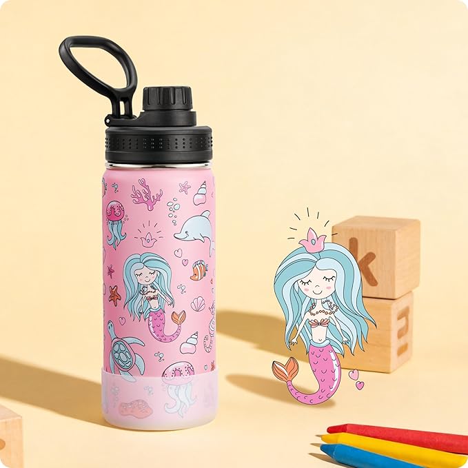 16 oz Stainless Steel Vacuum Insulated Wide Mouth Sports Water Bottle for Back to School-Reusable Metal Water Bottle Flask for Girls-Mermaid