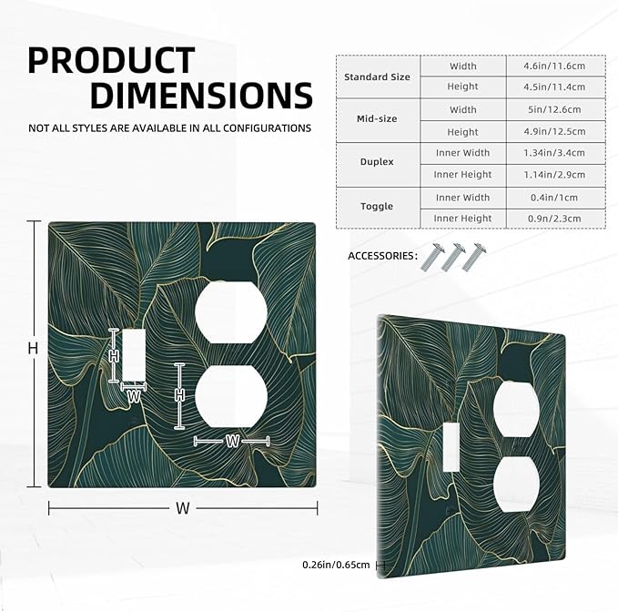 Gold Tropical Green Botanical Palm Leaves Wallplates 1 Toggle 1 Duplex Switch Plate Electrical GFCI Faceplate Decorative Light Switch Covers for Bedroom Living Room Decor