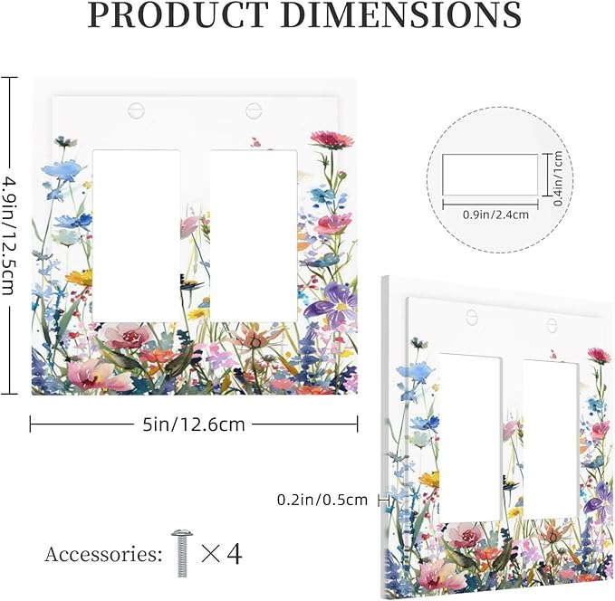 Watercolor Wildflowers Colorful Floral Plant Decorative Outlet Covers 2 Gang Double GFCI Rocker Electrical Wall Panels Light Switch Cover Plate for Bedroom Living Room Decor