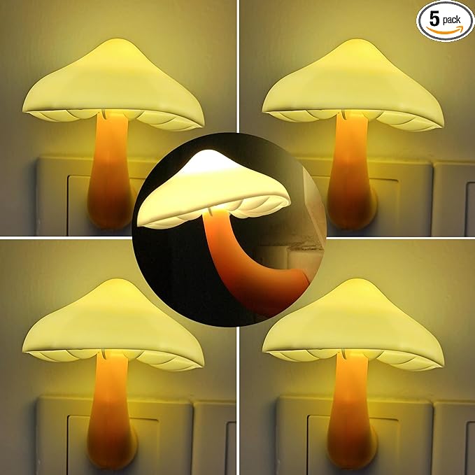 AUSAYE 5 Pack LED Mushroom Night Light Plug into Wall Lamp with Dusk to Dawn Sensor Cute Night Lights for Adults Kids NightLight Bedroom,Bathroom,Hallway,Stairs,Kitchen Warm White