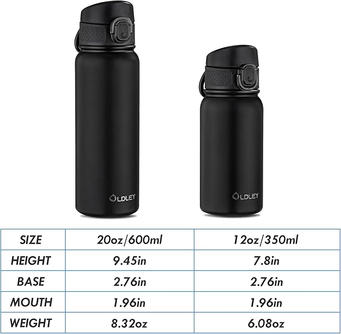 OLDLEY 12oz Kids Water Bottle, Stainless Steel Insulated Water Bottle For Kids, With Straws Leak-proof, Kids Water Bottles For School Boys Girls, Black