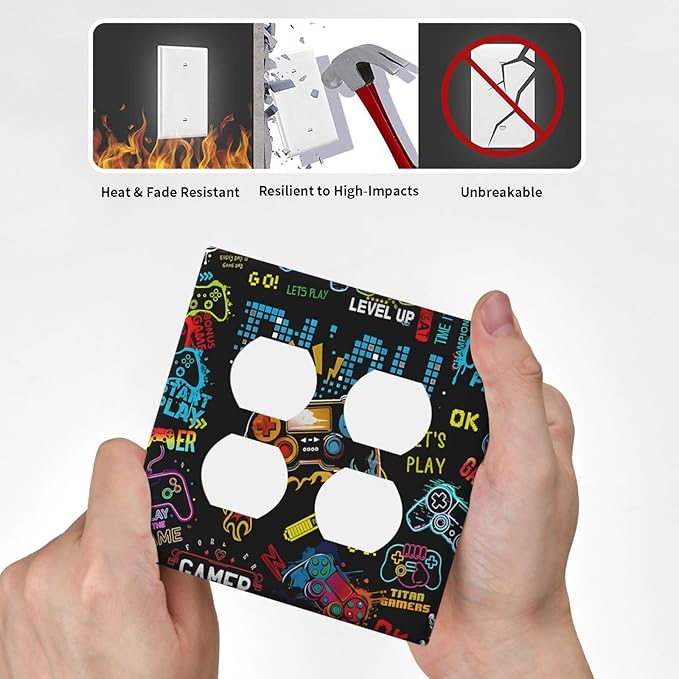 Gamer Video Game Themed Cool Controller Print Outlet Covers 2 Gang Double Duplex Decorative Light Switch Covers Electrical Wallplates Socket Faceplate for Kids Room Office Decor