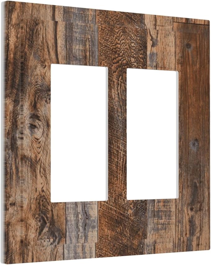 Vintage Board Rustic Brown Wood Texture Decorative Outlet Covers 2 Gang Double GFCI Rocker Electrical Wall Panels Light Switch Cover Plate for Farmhouse Home Decor