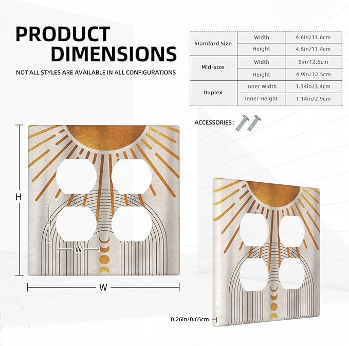 Decorative Outlet Covers Mid Century Gold Sun Abstract Arch Boho Moon 2 Gang Wall Plate Cover Double Duplex Receptacle Two Switch Light Switch Cover Plate Jumbo Dual Face Plate
