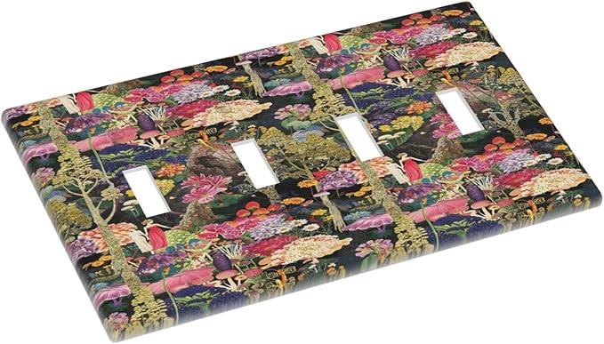 Dreamy Tropical Rainforest Colorful Mushroom Wildflower Light Switch Covers Quad Toggle Electrical Faceplate 4 Gang Wall Plate Decorative Switch Plates Cover for Farmhouse Kids Room Decor