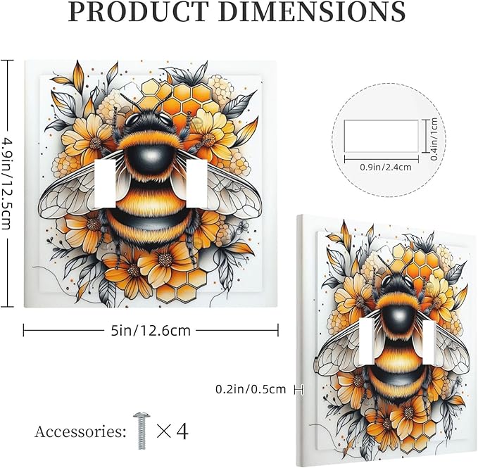 Decorative Switch Plates Bee Honeycomb Flowers Plant Leaves 2 Gang Double Toggle Outlet Light Switch Cover Wall Plate Electrical Faceplate For Nursery Kids Room Decor