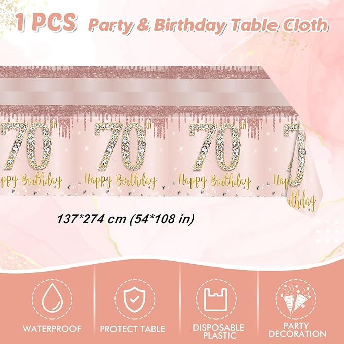 Ryzovo 41Pcs 70th Birthday Decorations, Rose Gold Birthday Party Supplies Include 20Pcs Plates 20Pcs Napkins and 1Piece Tablecloth, Sweet Seventy Year Old Birth Party Tableware for Girl Ladies Women