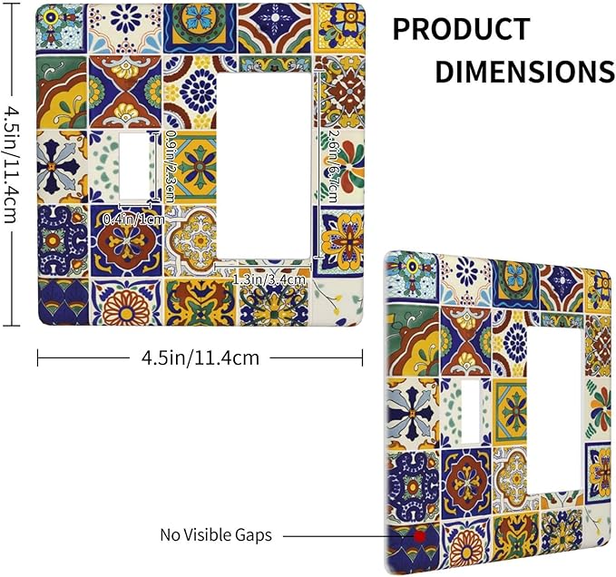 Boho Mandala Mosaic Ceramic Tile 2 Gang Combination Single Toggle/Decorator Wall Plate Yellow/Blue/Green Mexican Tile Combo 1-Toggle 1-GFCI/Rocker Outlet Light Switch Dimmer Receptacle Faceplate Cover