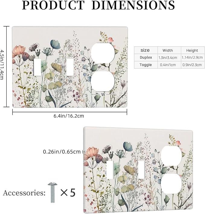 Beige/Tan Wildflower Floral Blossom 3-Gang 2-Toggle 1-Duplex Receptacle Combination Light Switch Rustic Watercolor Flowers Decorative Triple Combo Device Switches/Rocker Outlet Covers and Wall Plate