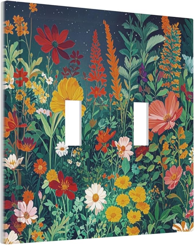 Decorative Switch Plate Cover with Wildflowers & Stars Botanical Floral Art Design 2 Gang Wall Plate Unique Double Toggle Double Light Switch Covers for Garden Theme Wall Decor