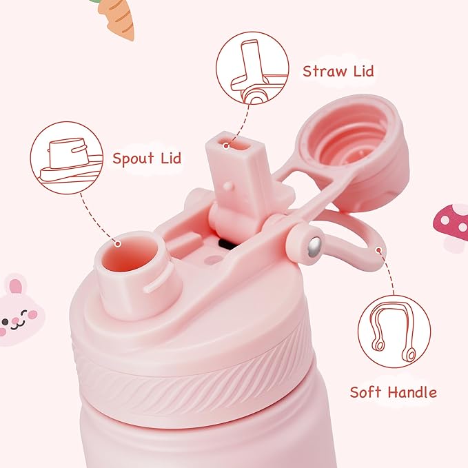 Fijinhom 12 oz Kids Water Bottle, 2-in-1 Stainless Steel Vacuum Insulated Water Bottle for Toddler, Leak Proof Spout & Straw, Double Wall Thermal Flask for Boys&Girls, School, Outdoor, Travel (Rabbit)
