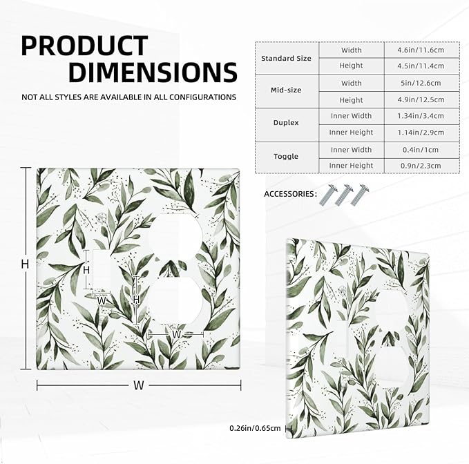 Green Leaf Olive Leaf Sage Floral Wallplates 1 Toggle 1 Duplex Switch Plate Electrical GFCI Faceplate Decorative Light Switch Covers for Bedroom Living Room Decor