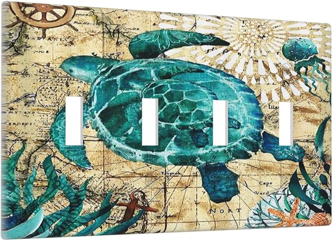 Nautical Ocean Map Tortoise Turtle 4 Gang Device Light Switch Cover Decorative Quad Toggle Wall Plate Decorative Electrical Faceplate for Home Bedroom Art Decorate