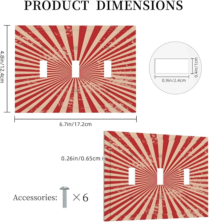 Retro Circus Sparkling Red White Lines Mid Century Decorative Switch Plates 3 Gang Wall Plate Triple Toggle Light Switch Cover Faceplate Electrical Wall Panels for Farmhouse Home Decor