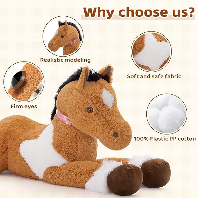 Tezituor 47inches Giant Realistic Horse Stuffed Animals, Hugging 4ft Soft Horse Plush Pillow for Sleeping, Large Stuffed Pony Plush Toys Birthday Gift for Boys Girls