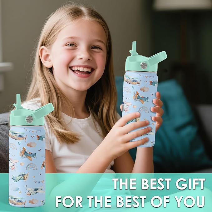 Airplane Gifts - 16oz Kids Blue Airplane Water Bottle with Straw Lid, Stainless Steel Insulated Tumbler, Leakproof, BPA-Free, for Boys, School, Travel - Helicopter Pilot Lovers Birthday Gift Cup (1pc)