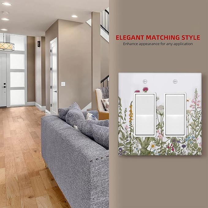 Rustic Wild Floral Vintage Teal Botanical Double Rocker Wall Plate Decorative 2 Gang Light Switch Cover Gfci Electrical Switchplate Home for Bathroom Bedroom Kitchen Decor 4.6"X4.5"