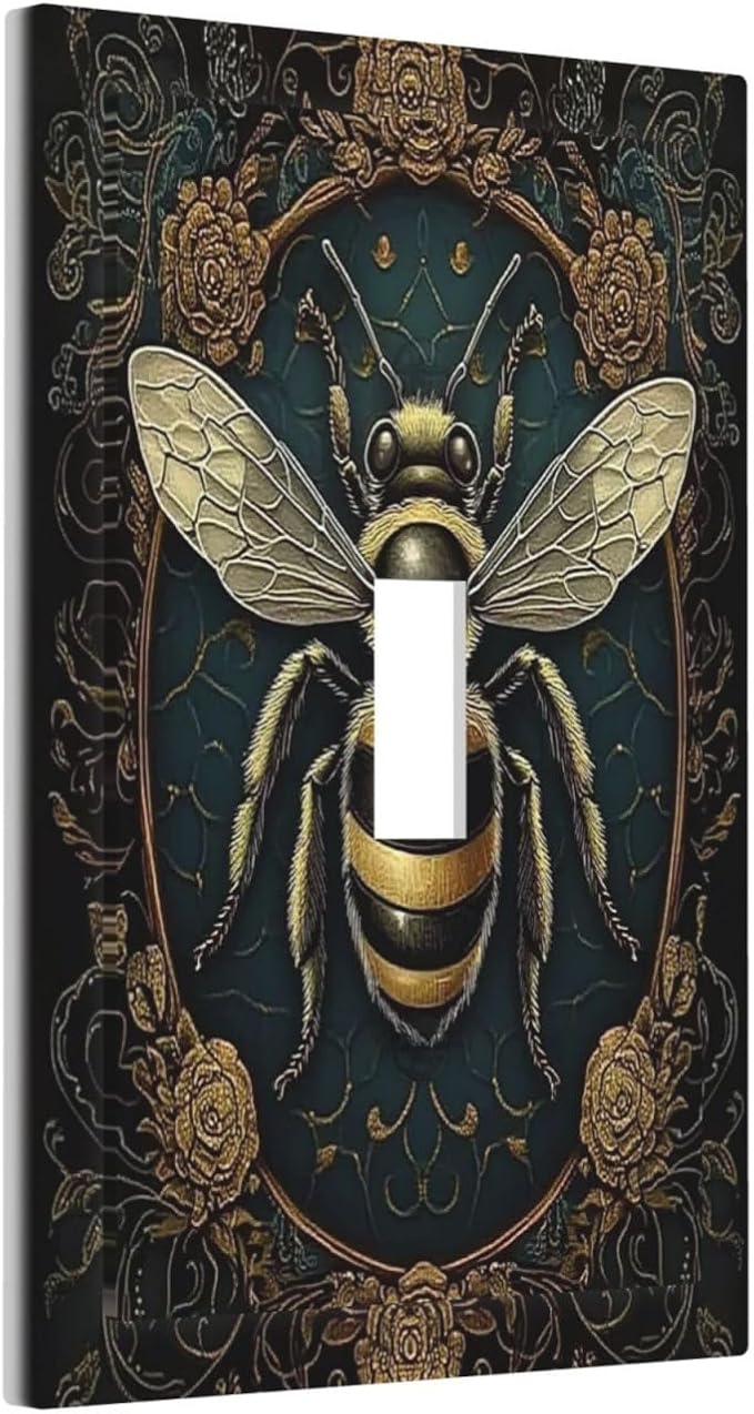 Decorative Light Switch Cover Mid Century Bee Dark Floral 1 Gang Single Toggle Device Electrical Faceplate Switchplates Decorator Outlet Wall Plate For Home Office Decor