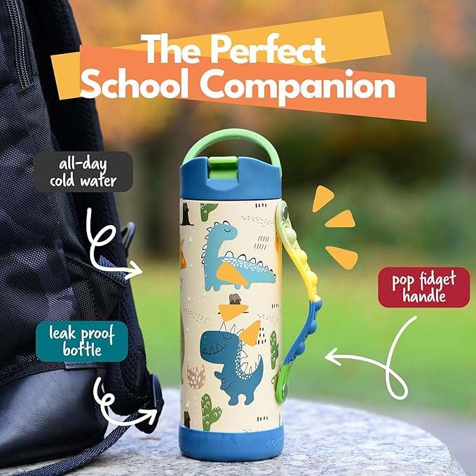 Elemental Iconic Kids Water Bottle for School - 100% Leak-Proof Insulated Water Bottles with Straw Lid & Pop-It Handle for Boys & Girls - Triple-Wall Insulated & BPA-Free, 14oz – Dinosaur