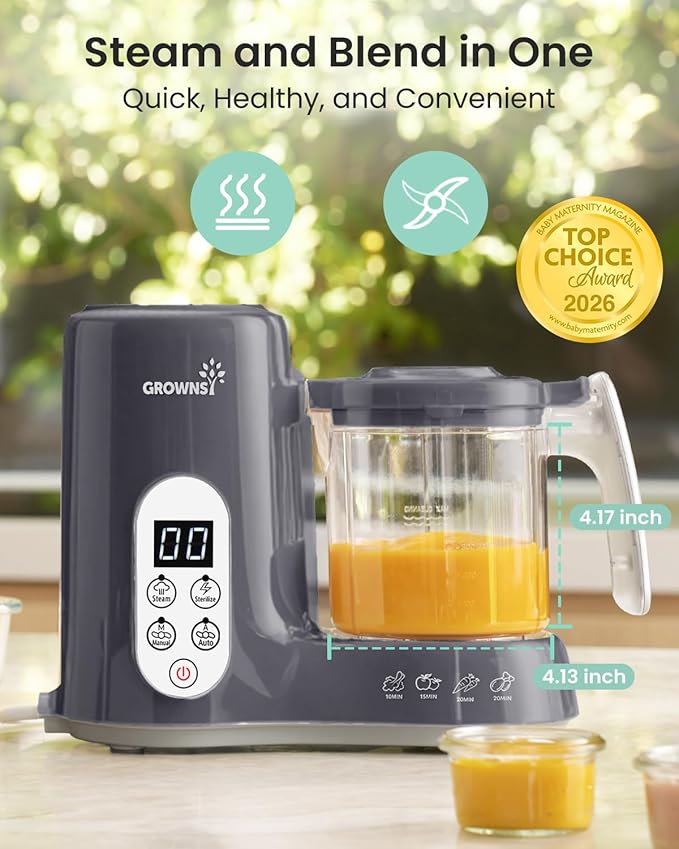 Grownsy Baby Food Maker with Steam Basket, One Step Baby Food Processor Steamer Puree Blender Grinder Mills Machine, Auto Cooking Grinding and Sterili-zing for Healthy Homemade Baby Food, Dark Grey