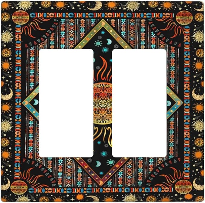 Outlet Covers Boho Burning Sun Hippie Retro Bohemian Gypsy 2 Gang Wall Plate Double Rocker Light Switch Cover Decorative GFCI Receptacle Cover Electrical Switchplate for Bathroom Home Decor