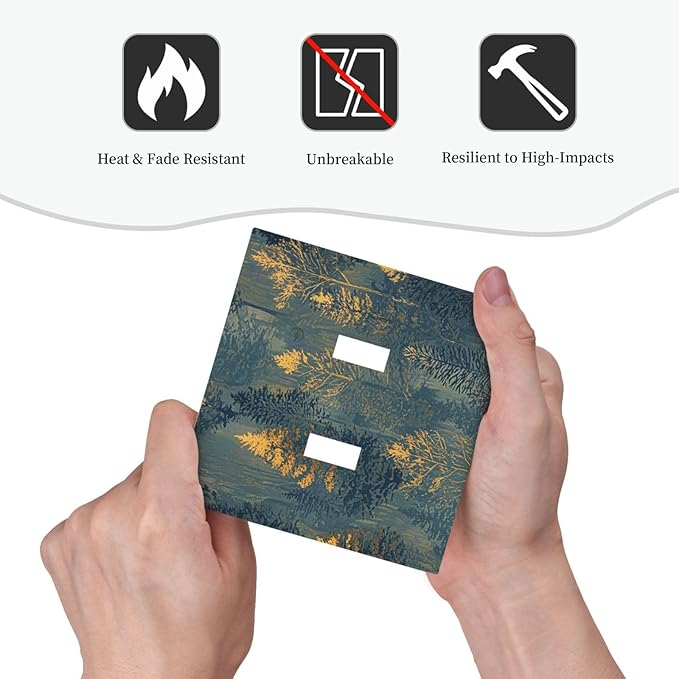 Decorative Switch Plate Cover with Golden Trees & Abstract Gradient Forest Landscape Design 2 Gang Wall Plate Unique Double Toggle Double Light Switch Covers for Blue Retro Home Decor