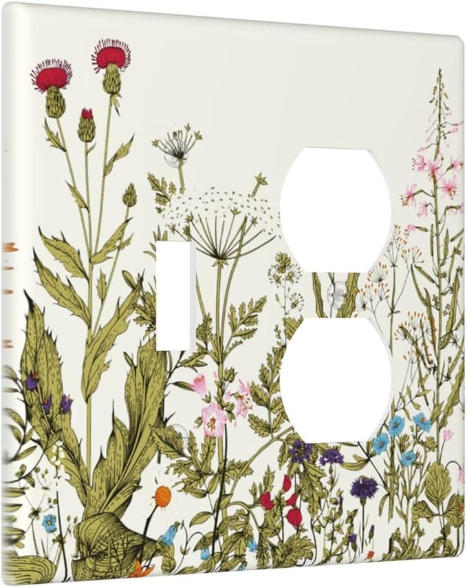 Country Spring Wildflower Floral 2 Gang Combo Device 1-Toggle 1-Duplex Outlet Light Switch Cover Colorful Vintage Flowers Blossom Nature Combination Single Toggle/Receptacle Outlet Wall Plate Covers