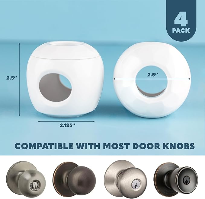 Todays Kids Baby Proofing Door Knob Covers 4 Pack - Easy to Install Child Safety Locks for Doors, Durable & Reusable Child Proof Door Lock, Dual-Lock & Versatile Design, Fits Round Doorknobs, White