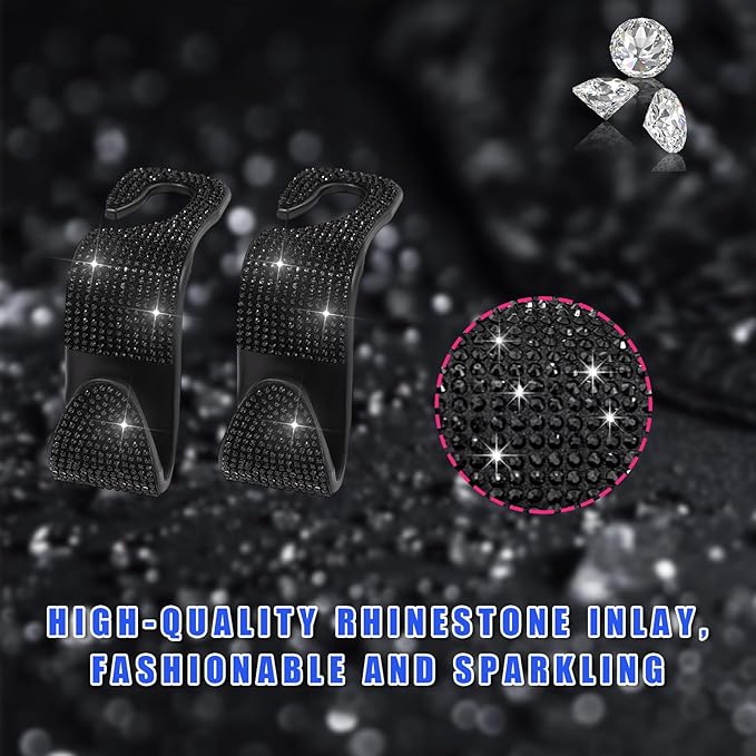 Ohleats 2 PCS Bling Car Seat Headrest Hooks, Crystal Rhinestone Back Seat Hanging Storage Organizer, Vehicle Seat Hanger Holder for Purse Handbag Coat, Interior Car Accessories (Black)