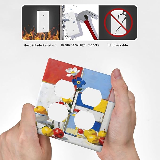 Color Block Floral Still Life Art Red Yellow Blue Abstract Outlet Covers 2 Gang Double Duplex Decorative Light Switch Covers Electrical Wallplates Socket Faceplate for Farmhouse Bedroom Decor