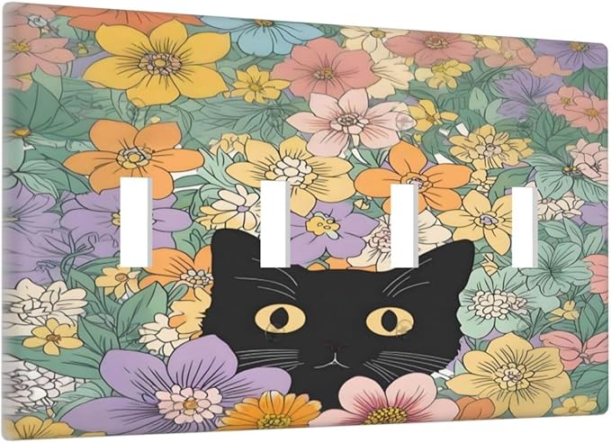 Light Switch Covers Funny Cute Cartoon Cat Floral Colorful Flower Quad Toggle Electrical Faceplate 4 Gang Wall Plate Decorative Switch Plates For Kids Room Nursery Decor