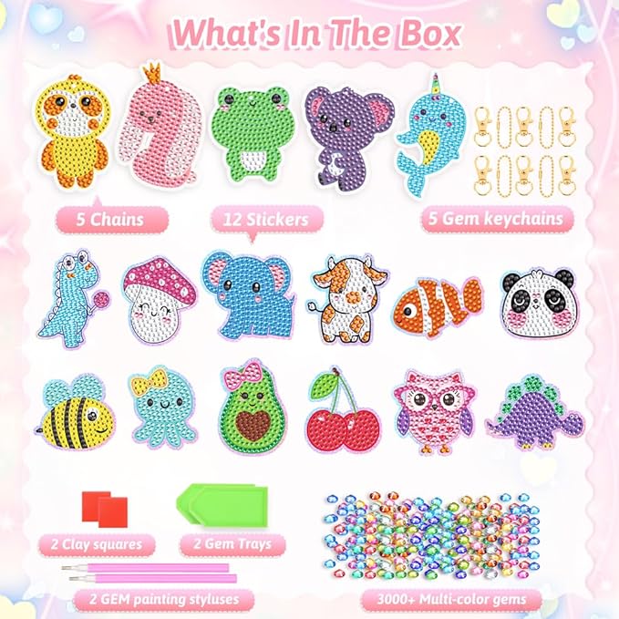 EAPHANT Diamond Art Kits for Kids, Gem Keychains and Stickers Painting Gifts for Girls Ages 4-8 8-12, Arts and Crafts Toys for Kids with 17 Designs