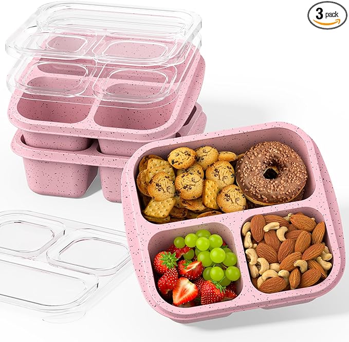 Snack Boxes (3 Pack) - Stackable Bento Boxes with 3 Compartments, Meal Prep Containers Reusable, Lightweight Lunch Containers for Kids and Adults, BPA Free (Pink)