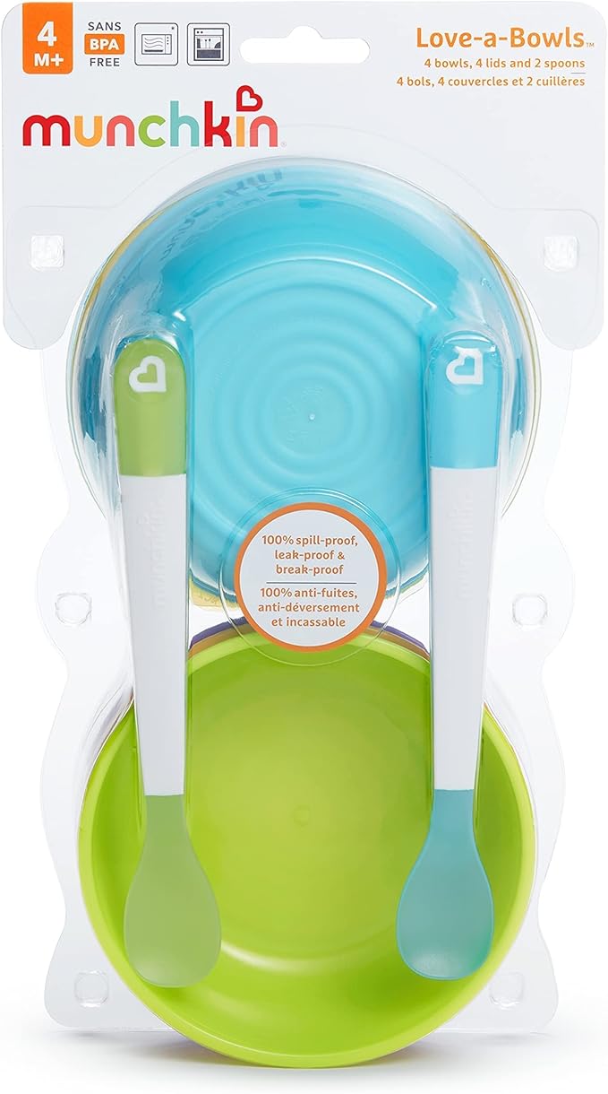Munchkin® Love-a-Bowls™ 10 Piece Baby Feeding Set,Includes Bowls with Lids and Spoons,Multicolor,(Pack of 12)
