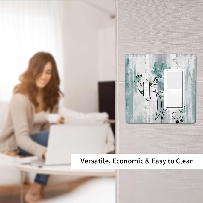 Teal Daisy Vintage Flower Butterfly Rustic Wood Print Outlet Covers 1 Toggle 1 Rocker Combination Decorative Wall Plate Electrical Switch Plates Light Switch Cover Plate for Farmhouse Home Decor