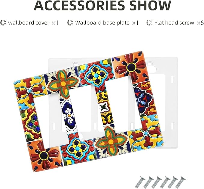 Boho Mexican Moroccan Tile 3 Gang Triple Rocker/Decorator Light Switch Wall Plate Cover Decorative Gfci Electrical Faceplate Switchplate Room Decorate