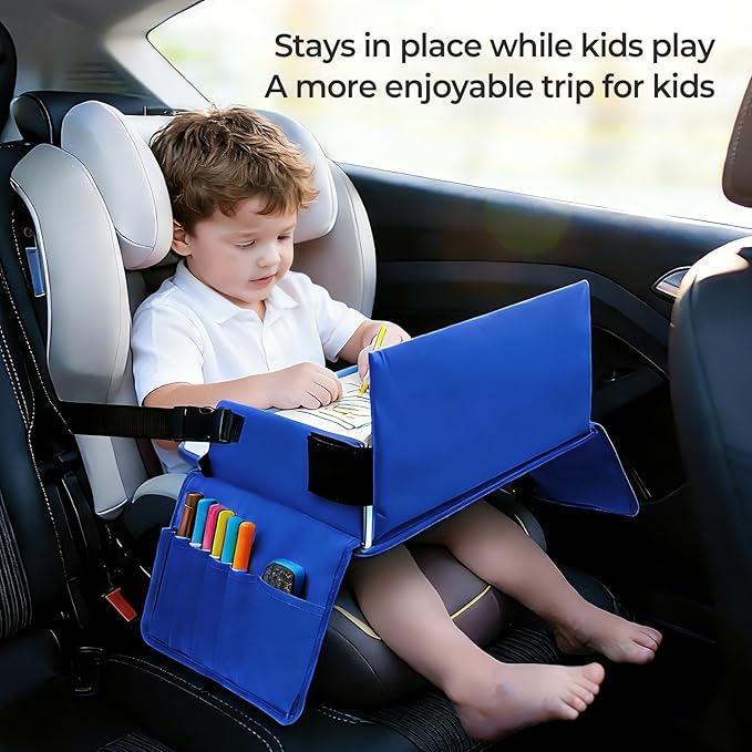 Travel Tray for Kids, Carseat Table Tray for Road Trip Activities, Toddler Lap Desk Organizer for Airplane - Blue