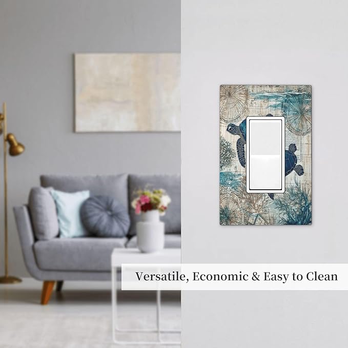Blue Green Sea Turtle Tropical Ocean Coral Nautical Map Decorative Outlet Covers 1 Gang Single Rocker Light Switch Cover Plate Wall Plates Gfci Faceplate For Bed Room Bathroom Decor