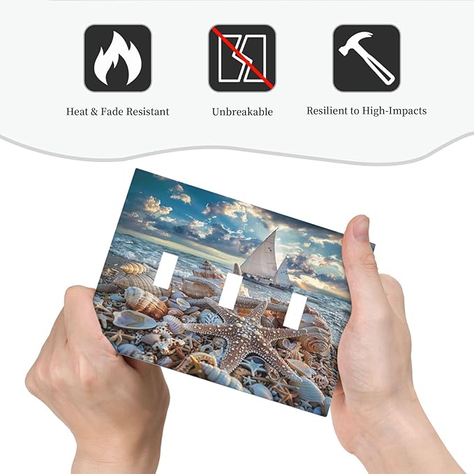 Light Switch Cover Plate Summer Sea Beach Starfish Seashell Sailboat 3 Gang Switch Plate Covers Triple Toggle Decorative Wall Plates Electrical Faceplate for Bathroom Home Decor
