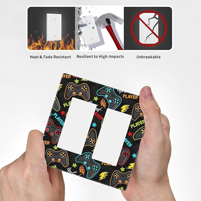 Teen Kid Boys Video Playing Gamer Gaming Game 2 Gang Double Rocker/Decorator Light Switch Cover Funny Controller Decorative Wall Plate Electrical Face Outlet Covers Screwless for Dimmer, USB Outlet
