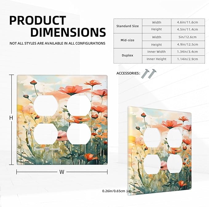 Vintage Red Orange Yellow Poppy Floral Flowers Outlet Covers 2 Gang Double Duplex Decorative Light Switch Covers Electrical Wallplates Socket Faceplate for Bedroom Living Room Decor