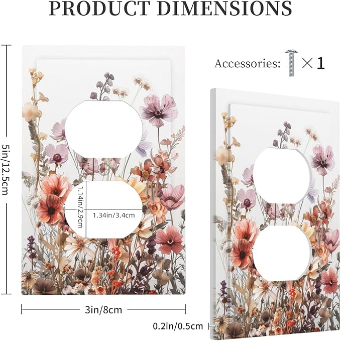 Boho Nursery Wildflower Flora Vintage Flower Outlet Covers 1 Gang Duplex Light Switch Cover Decorative Switch Plates Electrical Receptacle Faceplate Wall Plate for Bedroom Living Room Decor