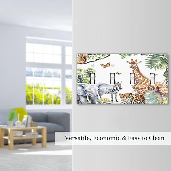 Elephant Giraffe Jungle Animals Leopard Zoo Light Switch Covers Quad Toggle Electrical Faceplate 4 Gang Wall Plate Decorative Switch Plates Cover for Kids Room Nursery Decor